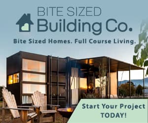 Advertisement for bitesized homes: A mid-century modern home tiny home boasting "bite-sized homes, full course living"